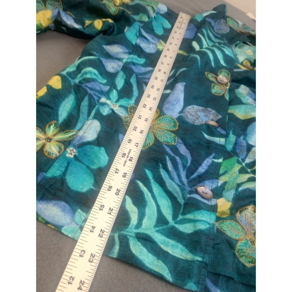 chicos tops size 2 L Jacket Dress Button Shirt 100% Silk Floral Embroidery Blue - Picture 7 of 9
